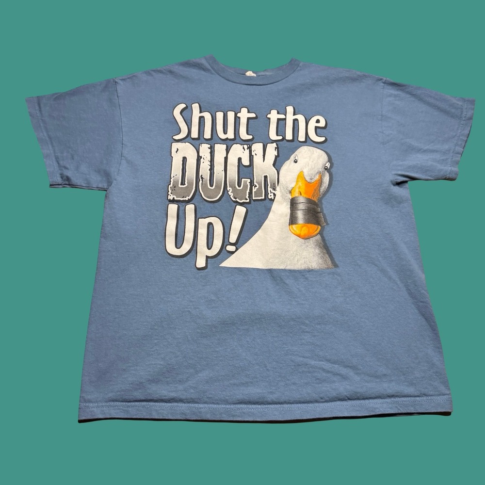 Shut The Duck Up T Shirt Large Blue White Duct Tape Novelty Graphic Y2K Humor